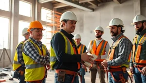Engaged construction workers participating in construction safety training, showcasing teamwork and safety gear.