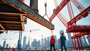 Engaged workers in structural steel construction collaboratively assemble steel beams on-site.