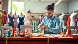 Showcase of alterable fashion being tailored with measurement tools in a vibrant workshop.