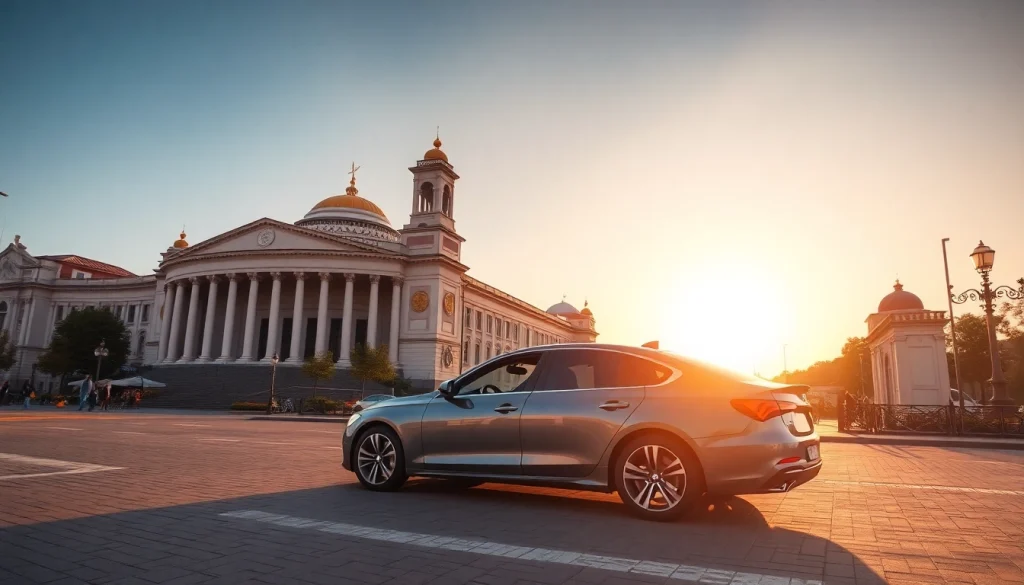 Rent a car Chisinau with a modern vehicle amidst city landmarks during sunset.