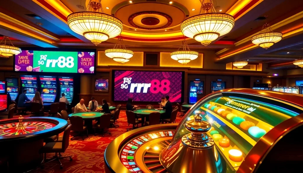 Play thrilling games at RR88 casino featuring roulette, poker tables, and vibrant slot machines.