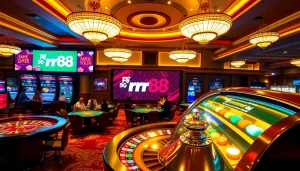 Play thrilling games at RR88 casino featuring roulette, poker tables, and vibrant slot machines.