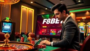 Experience thrilling online gambling with F8BET at a luxurious casino setup featuring vibrant gaming elements.
