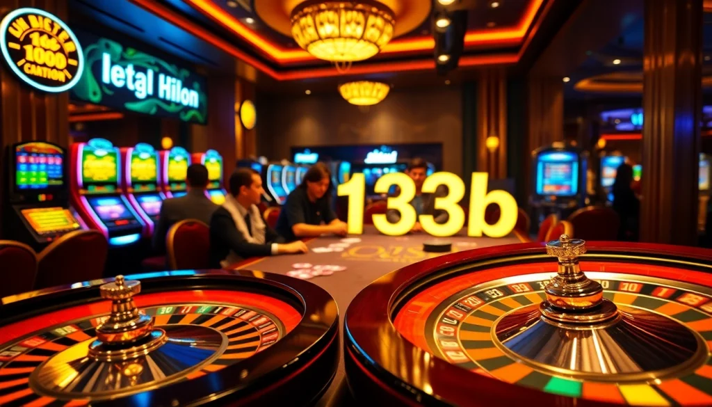 Players enjoying a vibrant poker game at 123b casino with roulette and slot machines.
