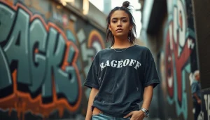 RageOff distressed tee showcased in an urban setting with trendy streetwear aesthetics.