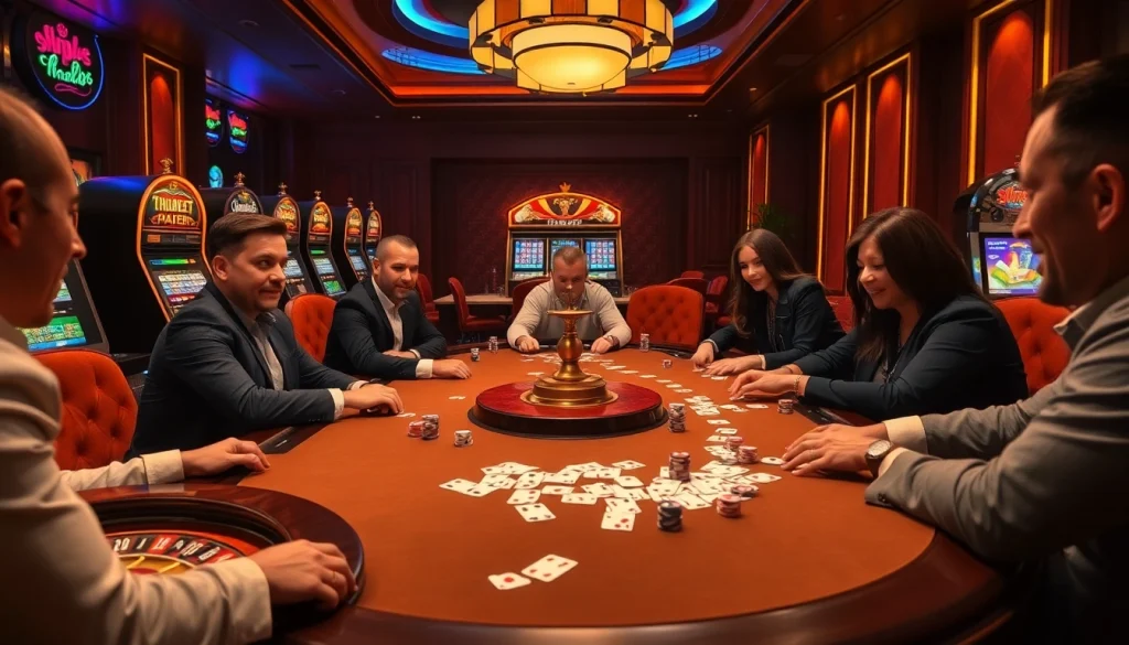 Players enjoying a thrilling game of poker at Thabet's luxurious casino table, surrounded by vibrant slot machines.