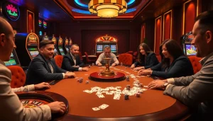 Players enjoying a thrilling game of poker at Thabet's luxurious casino table, surrounded by vibrant slot machines.