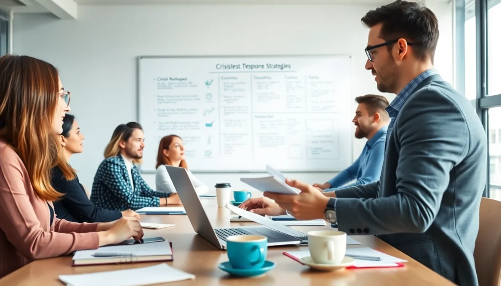 Crisis management consultant collaborating in a strategy meeting with a diverse team.