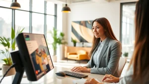 AI Receptionist engaging with a client in an inviting office setting.
