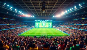 Engaging scene of บ้านผลบอลสด with enthusiastic fans and live scoreboard in a vibrant stadium.