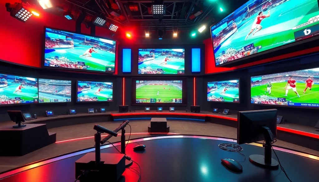 Engaging scene of Sports Broadcasting studio with anchors and live sports highlights displayed.
