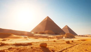 Pyraminds standing majestically against the desert landscape under a bright sky.