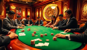 Action-packed casino scene at Nhà cái Haywin featuring players engaged in poker with colorful chips and cards.