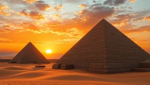 Captivating view of piraminds with intricate stone textures under a sunset sky.