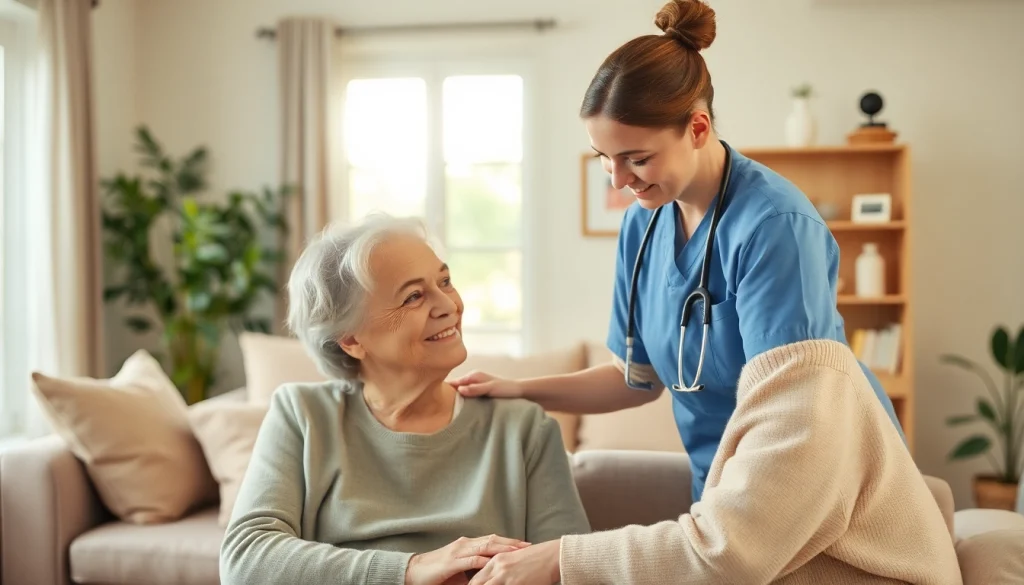 Caregiver providing personalized in home care austin tx to a senior in a cozy living room.