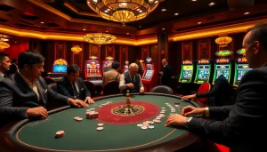 Excited players at a Haywin poker table in a vibrant casino setting, showcasing high-stakes gameplay.