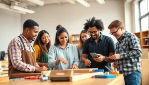 Students engaged in construction classes focused on hands-on learning in a bright classroom.