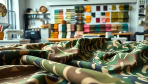 Legerprint stof variëteiten met diverse texturen en kleuren in een creatieve studio.