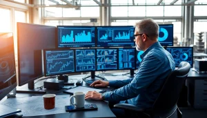 Engineer working on das 142 project at a modern workstation with high-tech displays.