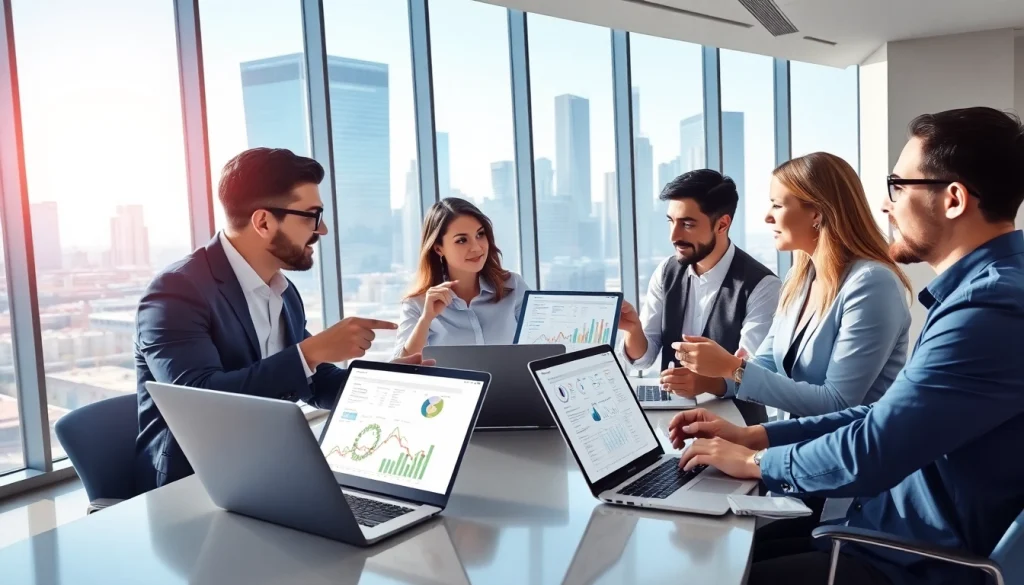 Analyze competitive intelligence data in a modern office with engaged professionals.