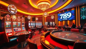 Players enjoying high-stakes excitement at 789 club casino with vibrant slot machines and poker tables.
