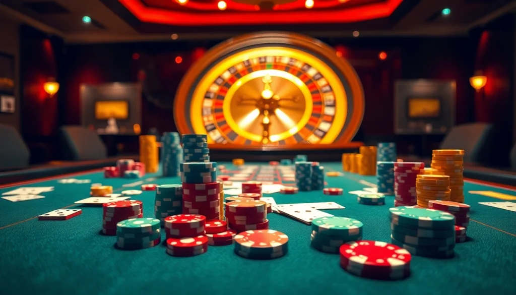 RR88 casino scene with vibrant gaming table and colorful chips.