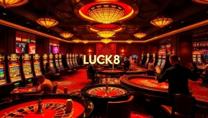 Người chơi cá cược ăn mừng chiến thắng tại một casino sang trọng, làm nổi bật thương hiệu LUCK8 trong trải nghiệm chơi game của họ.