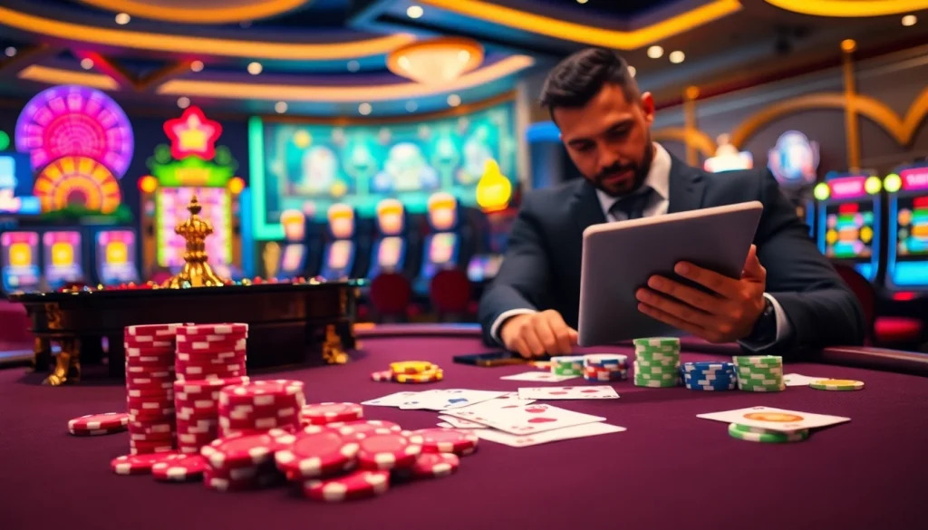 Engaging scene of professional gambling excitement at MK8.COM with poker chips and roulette wheel.