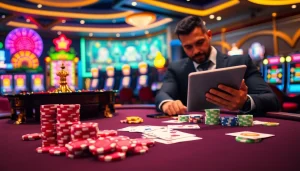 Engaging scene of professional gambling excitement at MK8.COM with poker chips and roulette wheel.