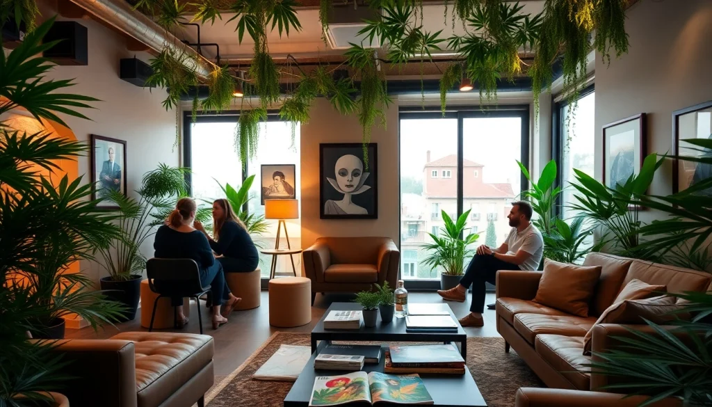 Live atmosphere at The Corner Cannabis Club Madrid, showcasing vivid indoor greenery and social interaction.