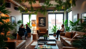 Live atmosphere at The Corner Cannabis Club Madrid, showcasing vivid indoor greenery and social interaction.