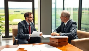 Agriculture lawyer consulting with a client in a modern office, demonstrating expertise in agricultural law.