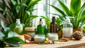 Naturali kosmetika - natūralių ingredientų grožio priemonės, rodomos ant medinio stalo