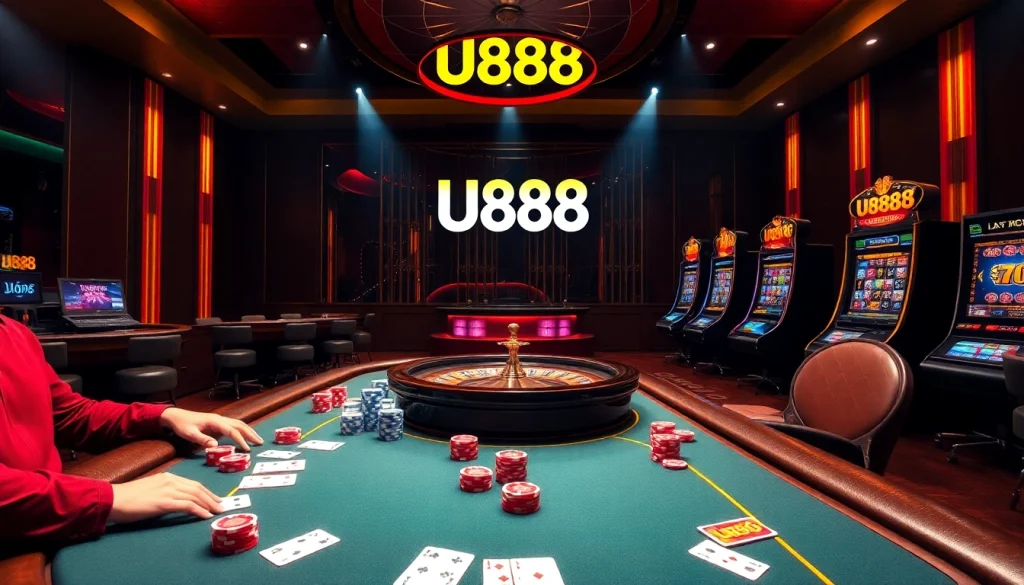 U888 players experiencing thrilling online casino excitement at a luxurious gaming table.