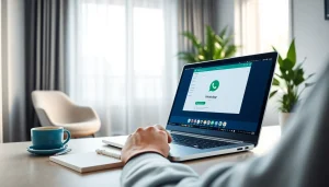 在现代家庭办公环境中，笔记本电脑上显示的 WhatsApp Web 界面，展示无缝沟通。