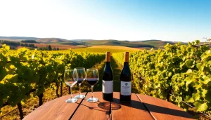 Savoring wine at clarksburg wineries with scenic vineyard backdrop and rustic table.