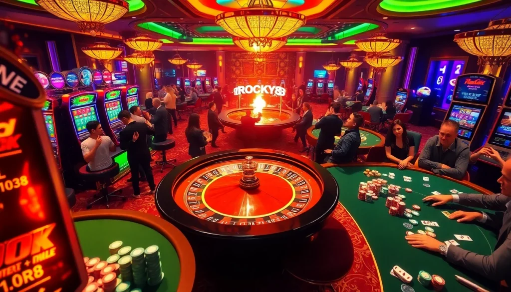 Người chơi cá cược hào hứng đặt cược tại một cảnh casino sống động, có các yếu tố LUCK8 và LUCKY8, bao gồm bàn roulette và máy đánh bạc.