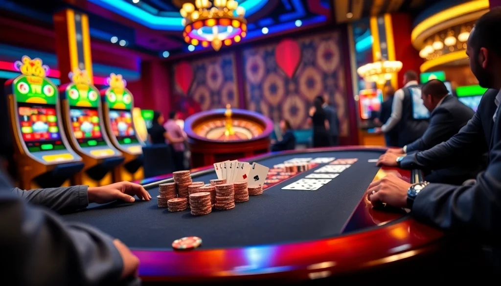 Players enjoy a thrilling game of poker at the nk88 casino, surrounded by vibrant slot machines.