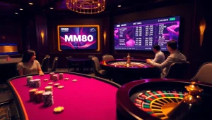 MM88 offers an exciting poker game environment with vibrant chips and a spinning roulette wheel.