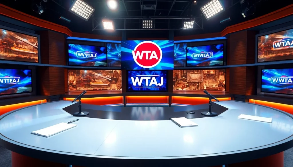 WTAJ news anchor desk in a professional studio with digital screens.
