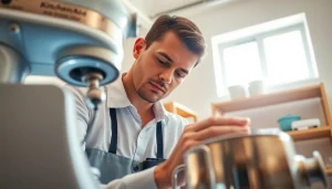 Technician performing kitchenaid appliance repair ottawa on a KitchenAid mixer in a professional workshop.