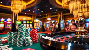 Engaging gaming experience at Nhà cái Haywin with poker chips and roulette wheel.