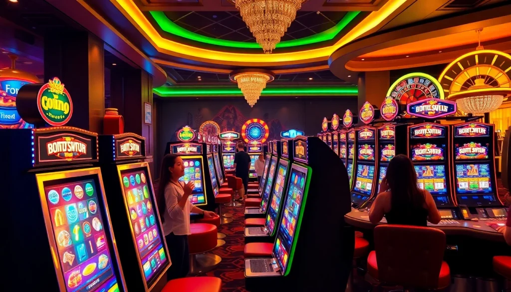 Rasakan sensasi mendebarkan di mesin slot deposit pulsa dengan lampu-lampu warna-warni dan pemain yang beruntung.