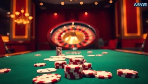 MK8 casino scene featuring poker chips and a roulette wheel creating an exciting betting atmosphere.
