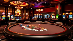 Gamblers experience high-stakes excitement at the GO8 poker table in a luxurious casino.