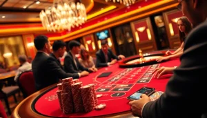 Experience thrilling gameplay at bk8thai ทางเข้า with a lively casino scene featuring betting tables.