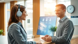 AI Receptionist engaging with a client using a modern digital interface in a professional office.