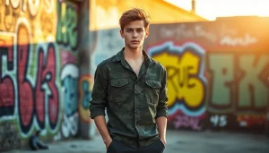 Een model in katoen met legerprint poseren in een stedelijke omgeving met graffiti.