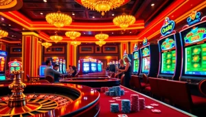Engaging scene of Onicplay featuring players at slot machines and roulette table in a luxurious casino.
