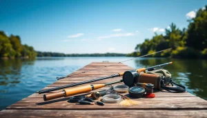 Explore the essentials of a Fly fishing kit on a picturesque lake setting.